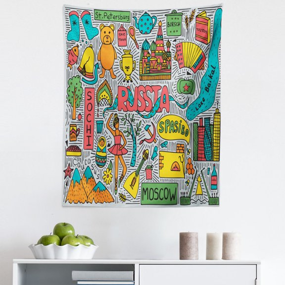Russia Tapestry, Themed Cartoonish Graphic of Colorful Landmark Print, Fabric Wall Hanging Decor for Bedroom Living Room Dorm, 5 Sizes, Multicolor, by Ambesonne