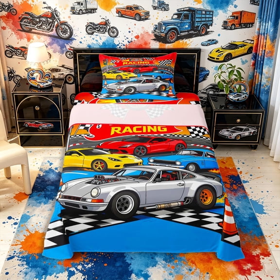 Meiyoeat Cartoon Racing Car Twin Sheets 3pcs for Boys,Race Track Art Bedding,Blue Red,1 Fitted Sheet,1 Flat Sheet and 1 Pillowcase
