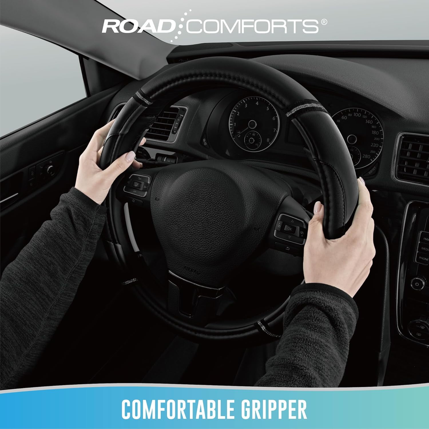 Leather Steering Wheel Cover - Made with PVC Leather - Anti-Slip, Universal Fit 14 1/2 inches to 15 inches - Black