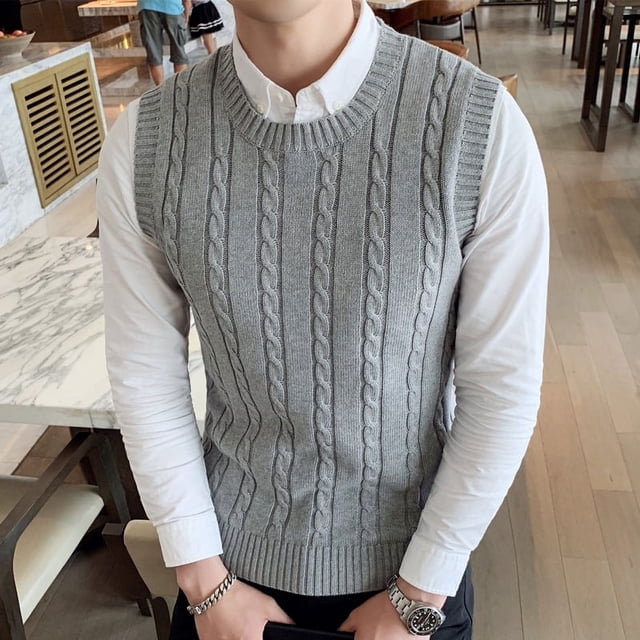 Chaleco de lana de otoño e invierno para hombre, chaleco tipo suéter sin mangas con cuello en V, chaleco de punto de color sólido con giro grueso, chaleco de moda