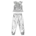 thumbnail image 5 of iiniim Kids Girls Sequins Jazz Hip Hop Dance Outfits Ruffle Sleeves Crop Top Shirts with Pants Set 6-16 Silver 10, 5 of 7