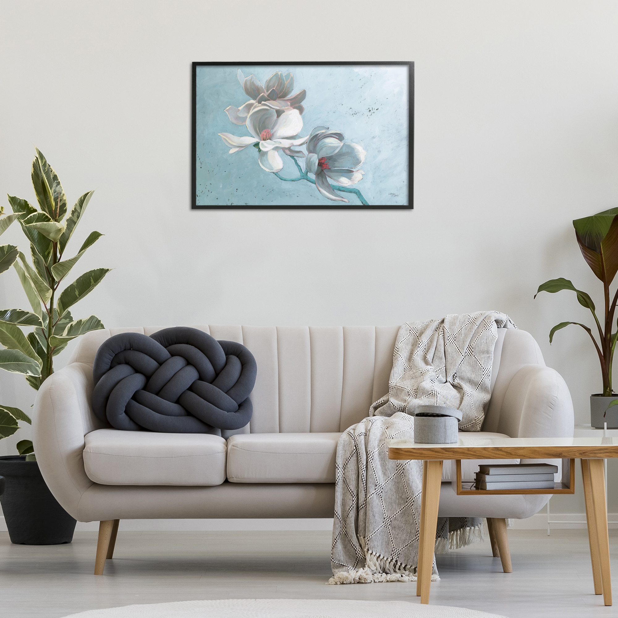 Stupell Industries Magnolia Branch on Blue Botanical & Floral Painting Black Framed Art Print Wall Art, 30 x 20