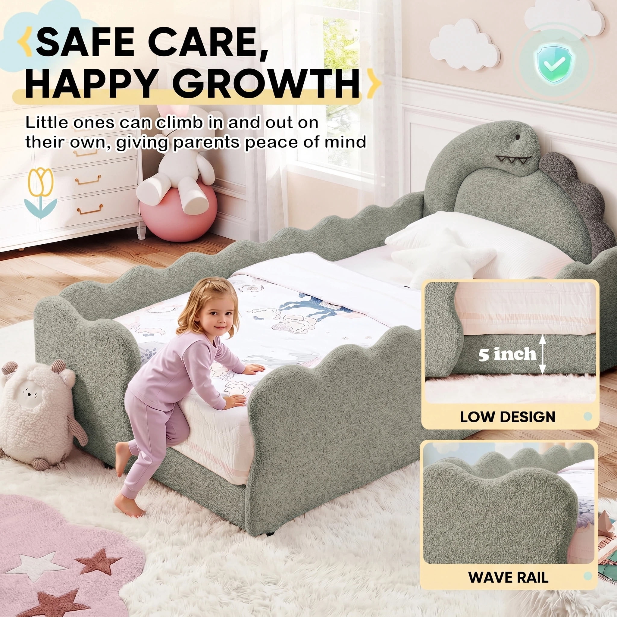 AISWORD Twin Size Kids Bed with Dinosaur Headboard, Upholstered Daybed with Slats Support & Side Pocket, Space-Saving Wooden Corner Sofa Bed, Grey