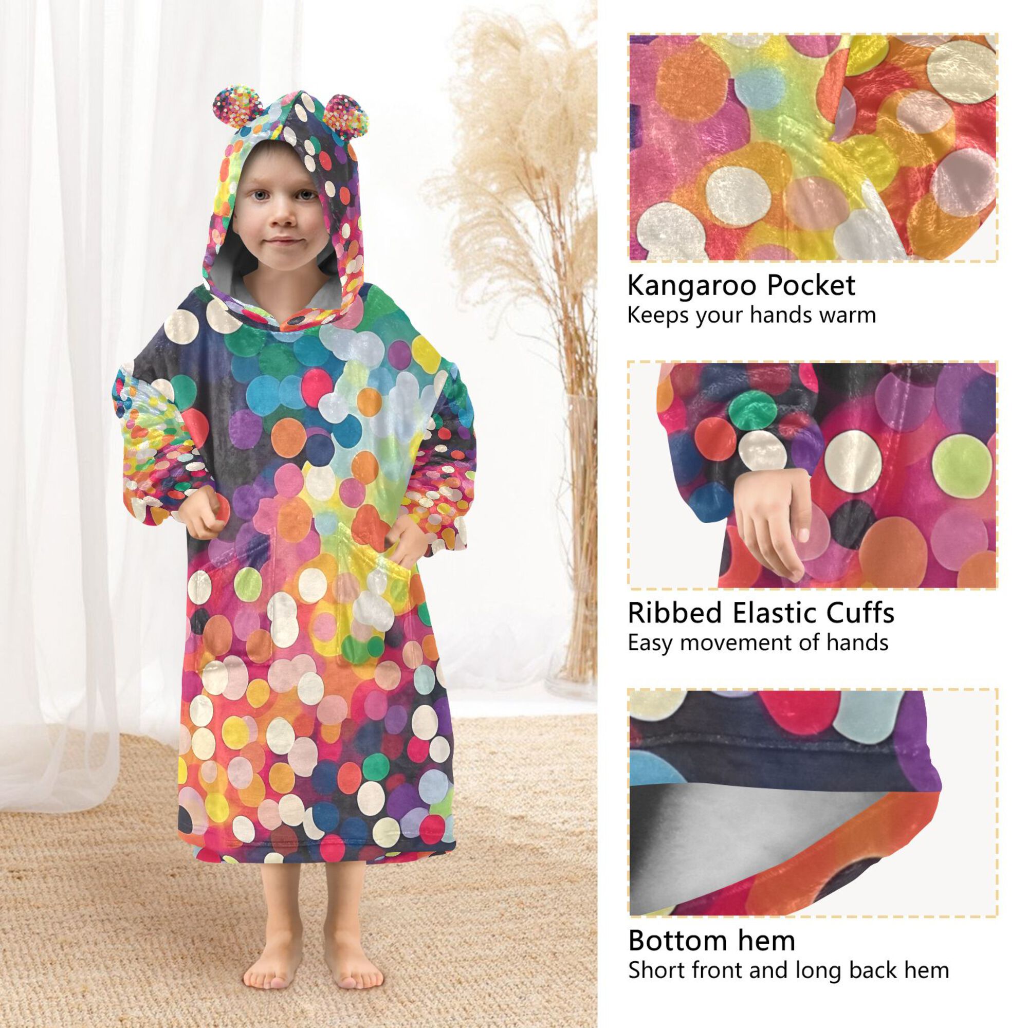 FORMRS Wearable Blanket Hoodie with Sleeves for Kids Cozy Flannel Sweatshirt, Green Colorful Circles