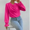 thumbnail image 4 of Royisotas Long Sleeve Womens Plus Tops Fall and Winter Pink Solid Color Casual Plus Size Blouses for Women Collared Ruffled Satin Tshirts Shirts, 4 of 9
