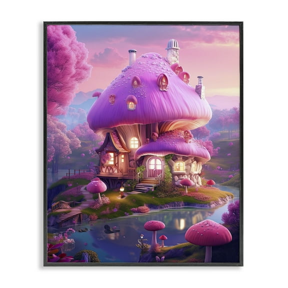 Stupell Industries Forest Mushroom Cottage Town & City Painting Black Framed Art Print Wall Art, 11 x 14