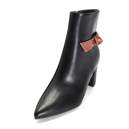 

XYD Women Classic Side Bow Pointy Close Toe Ankle Boots Chunky High Heel Side Zipper Bootie Winter Shoes Size 12 Black
