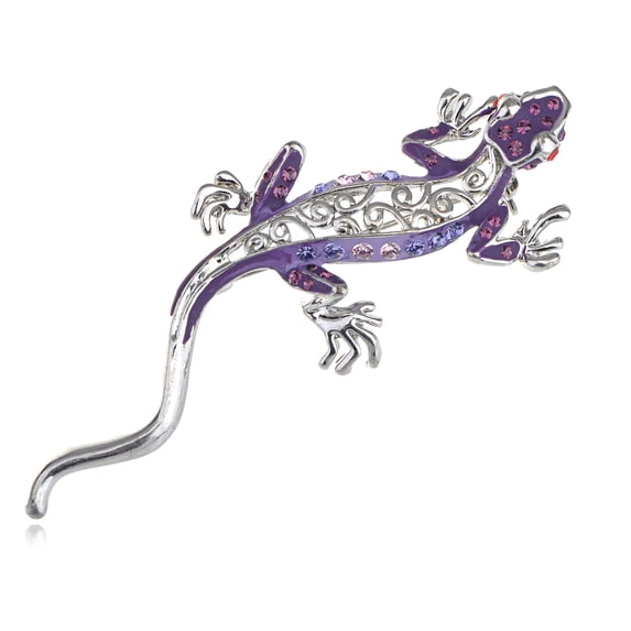 Silver Tone Purple Crystal Rhinestone Crawl Gecko Animal Pin Brooch