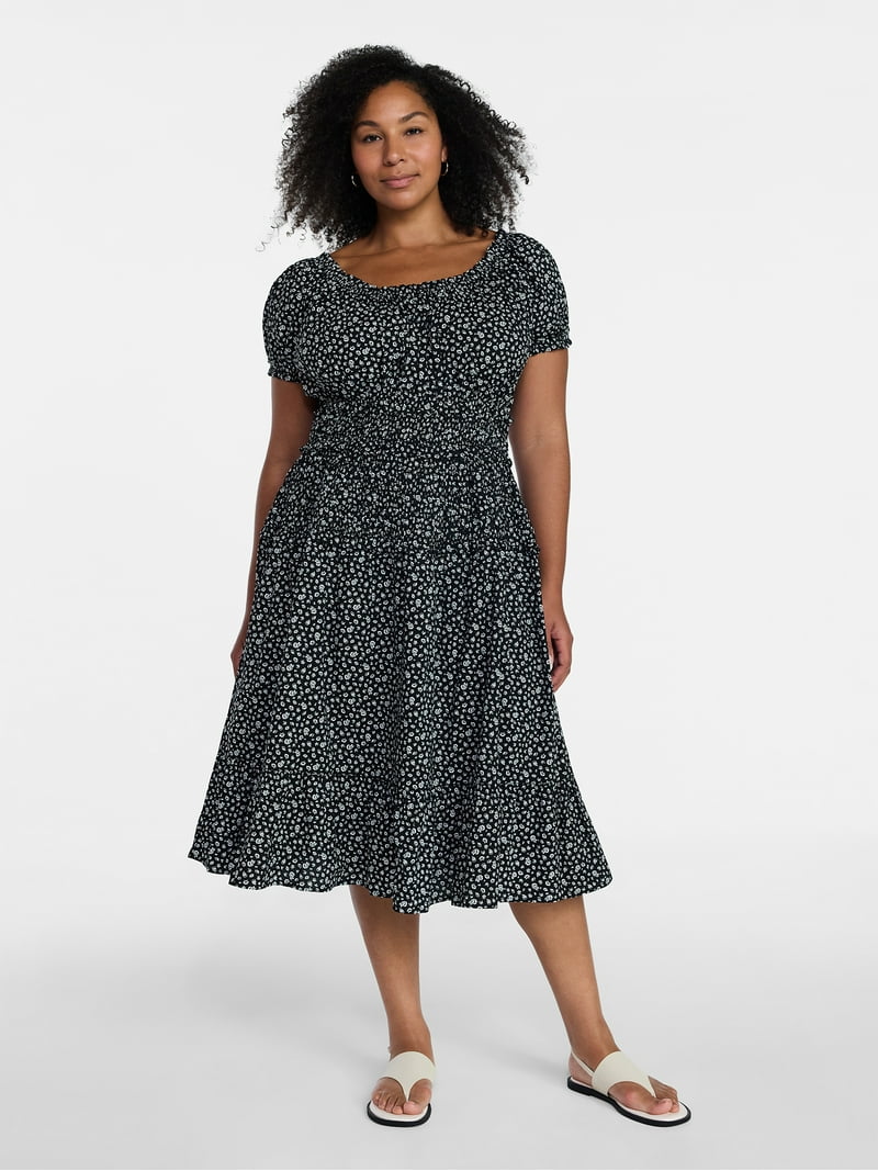 Time and Tru Women's Smocked Cotton Peasant Dress with Short Sleeves, Sizes Xs-xxxl, Size: Small, Black