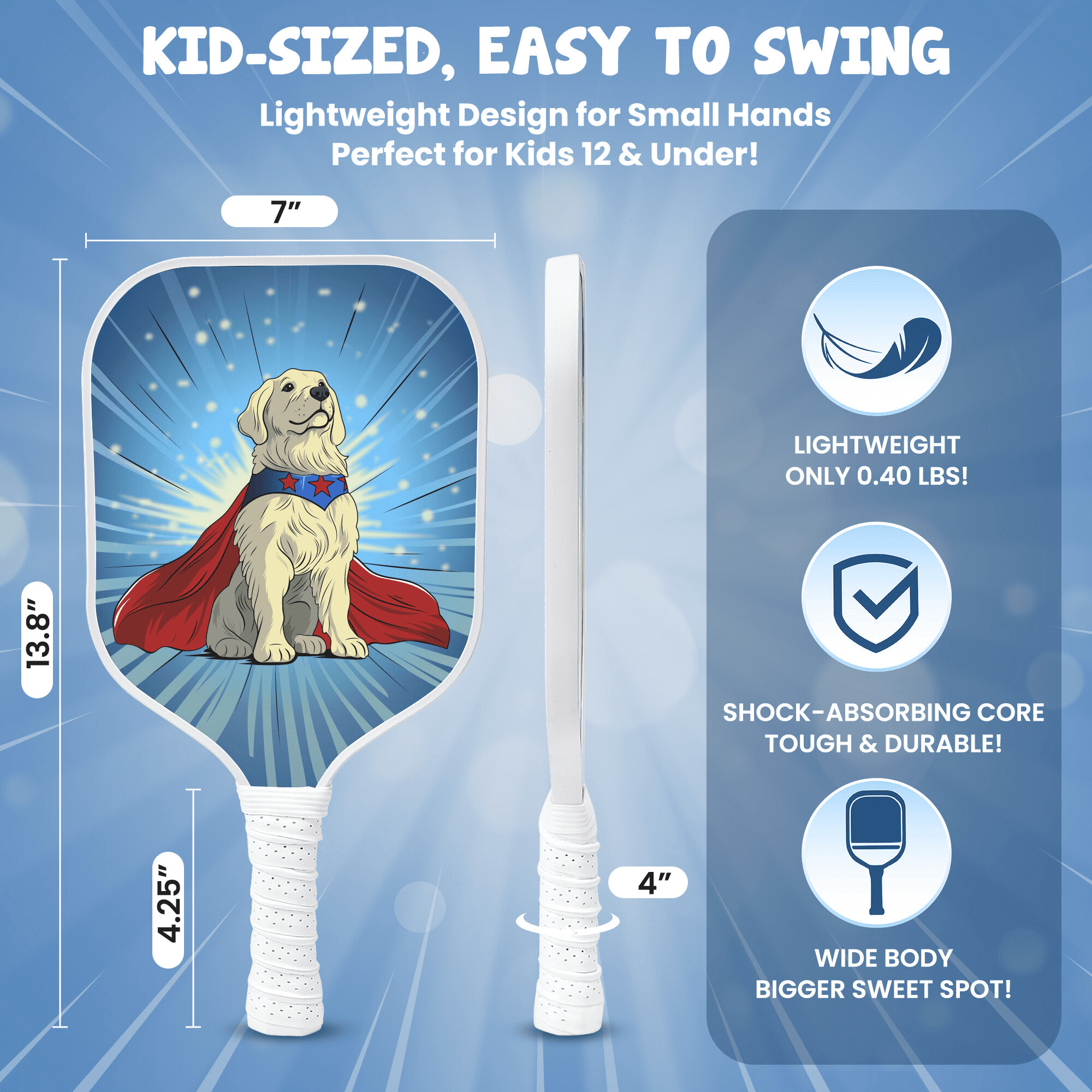 Kids Pickleball Paddle – Dog Design for Ages 3–12 | Lightweight 0.37 lb Fiberglass Paddle with Small Grip | Beginner-Friendly Paddle for Boys & Girls