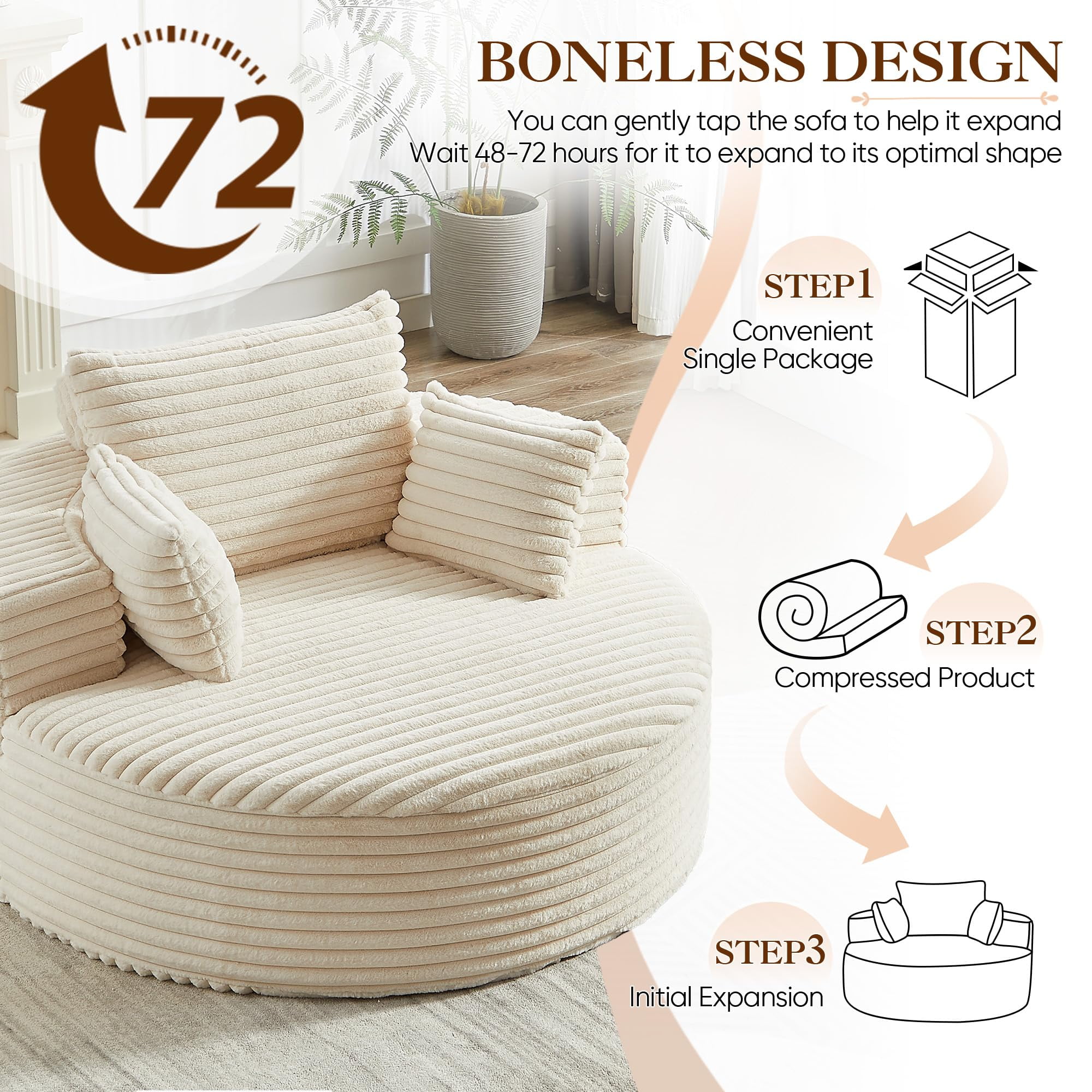 Aukfa 55" Oversized Round Chaise Lounge Chair Indoor, Corduroy Upholstered Sleeper Chair with Deep Seat & Pillows, Beige