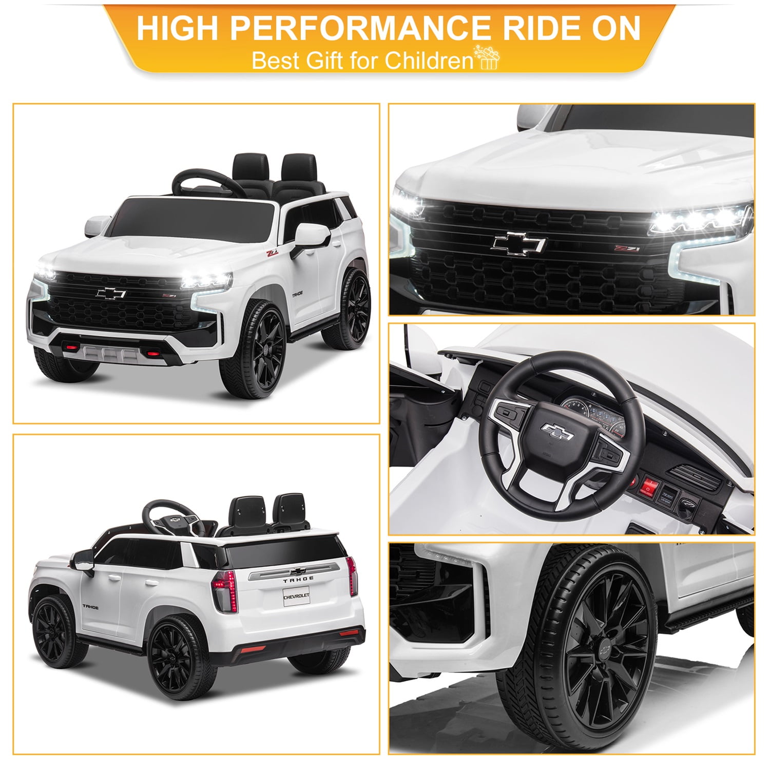 CIPACHO Licensed Chevrolet 12V Ride On, Electric Kids Car Toys with 2.4G Remote Control Dual Drive SUV, White