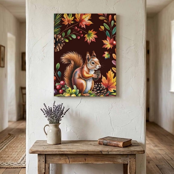 Ships Next Day Canvas Wall Art 8"x12", Colorful Squirrel Wood Framed Canvas Print Painting, Brown Botanical Berry Pine Cones Ready to Hang Small Picture Wall Decor for Home Hallway Bathroom Bedroom