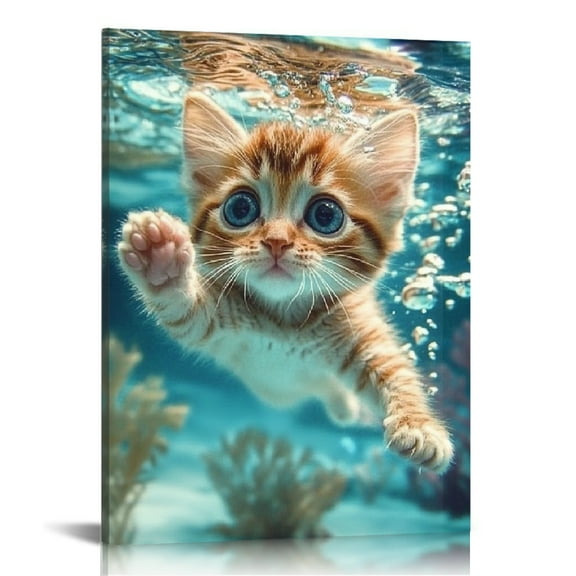 ZFLMY Kitten Swimming Underwater Canvas Wall Art Home Decor 12x16in