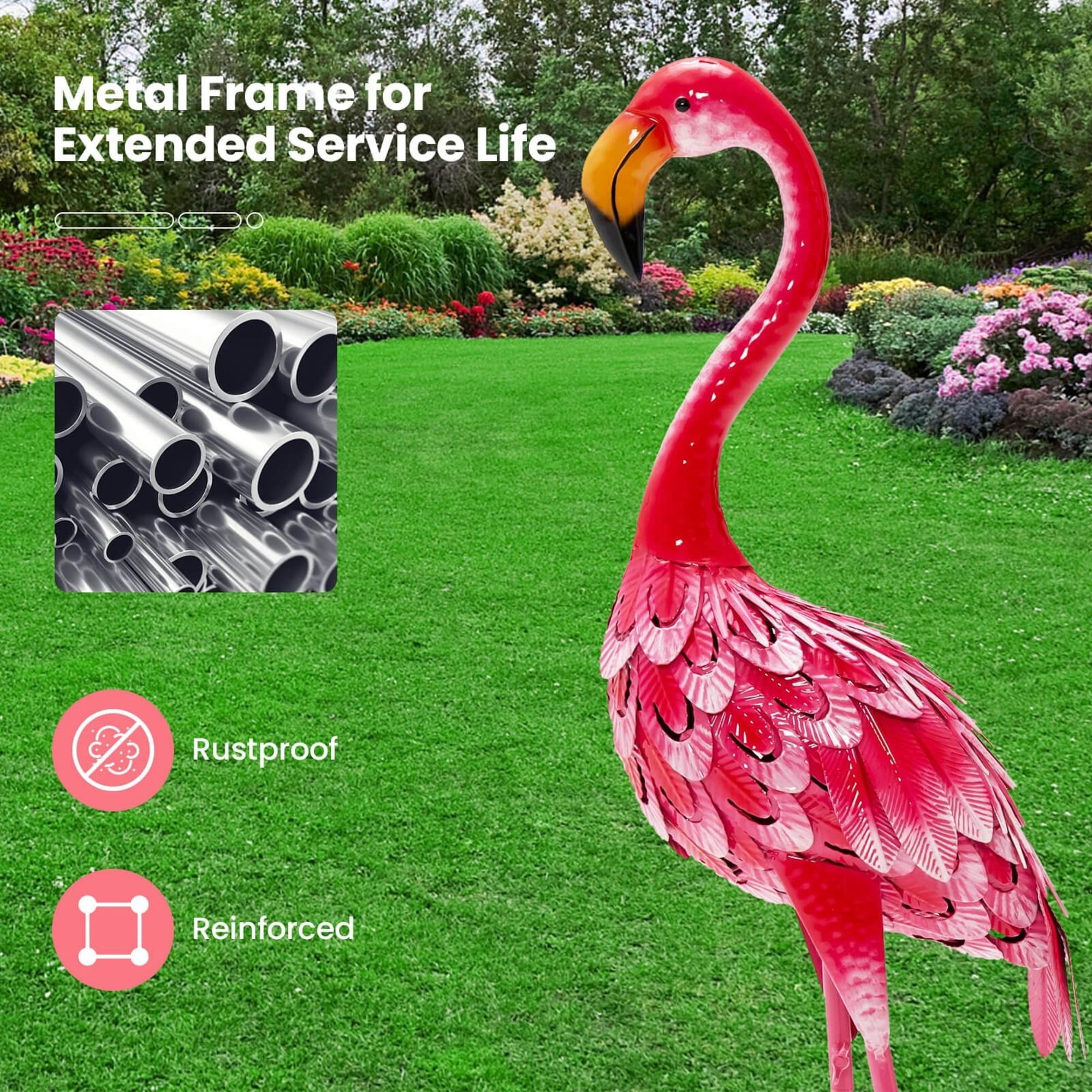 2-Piece Flamingo Garden Statue Set, Rustproof Metal Lawn Ornaments with U-Shaped Stakes, Realistic Standing Flamingo Yard Art Decor for Backyard Patio Lakeside Front Gate