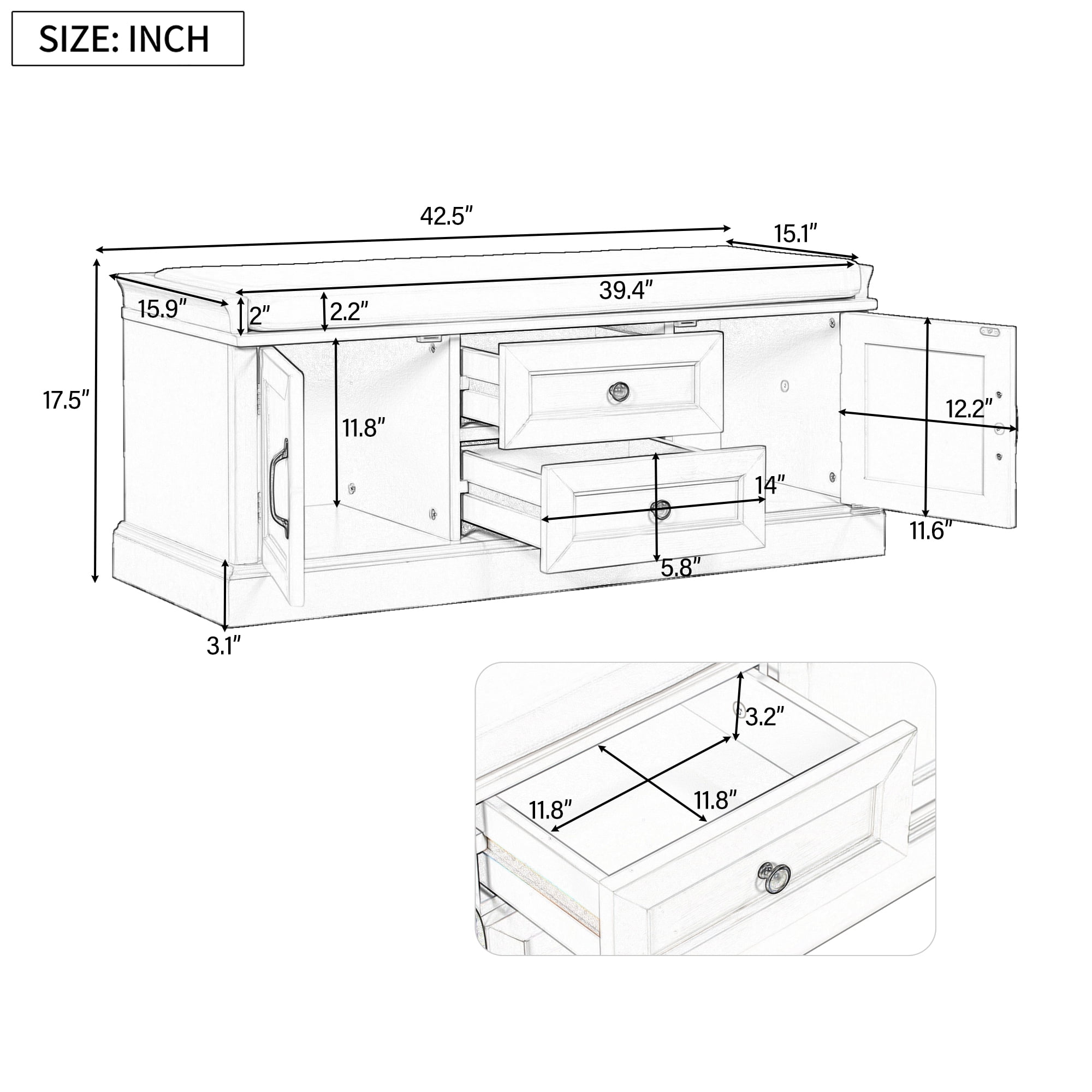 EUROCO 42.5" Storage Bench, Solid Wood Shoe Bench with 2 Drawers and 2 Cabinets and Removable Cushion for Living Room, Entryway, Black