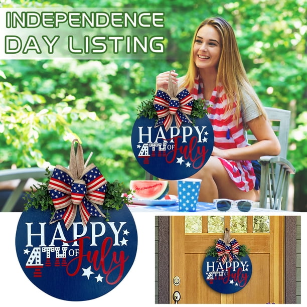 Cartel de puerta de madera del Día de la Independencia Patriótica | Placa colgante de pared del 4 de julio | Decoración de bandera americana rústica | Decoración navideña interior y exterior | 12x12