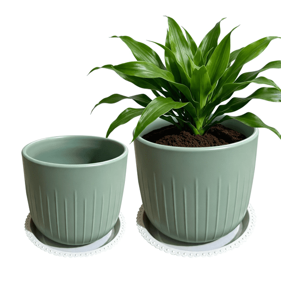 6"/7" Ceramic Plant Pots with Drainage - Modern Glossy Set of 2 for Indoor Plant, Sage Green