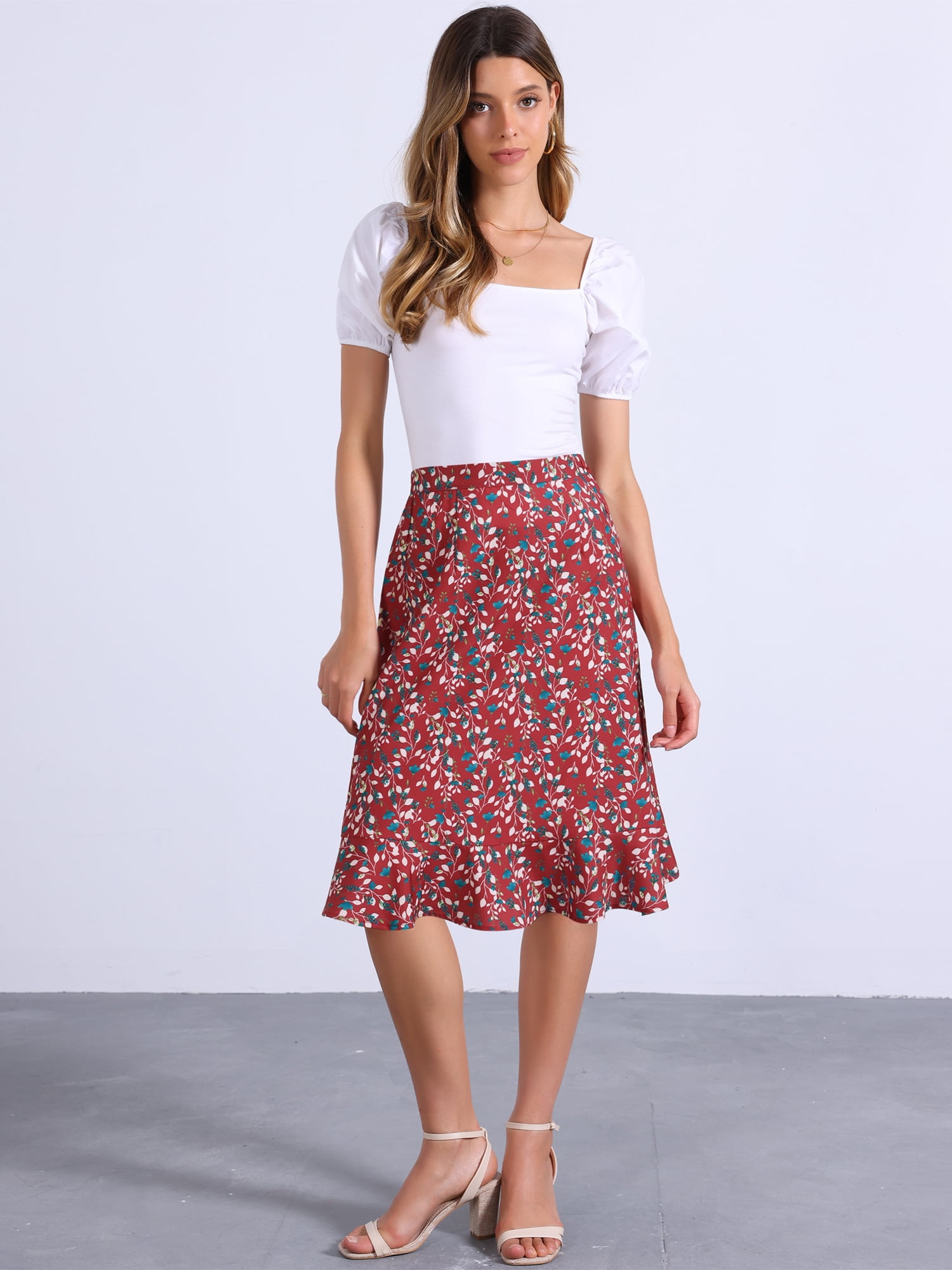 DARING DIVA Women's Floral Ruffle High Waist Flowy A-Line Skirt XL Dark Red