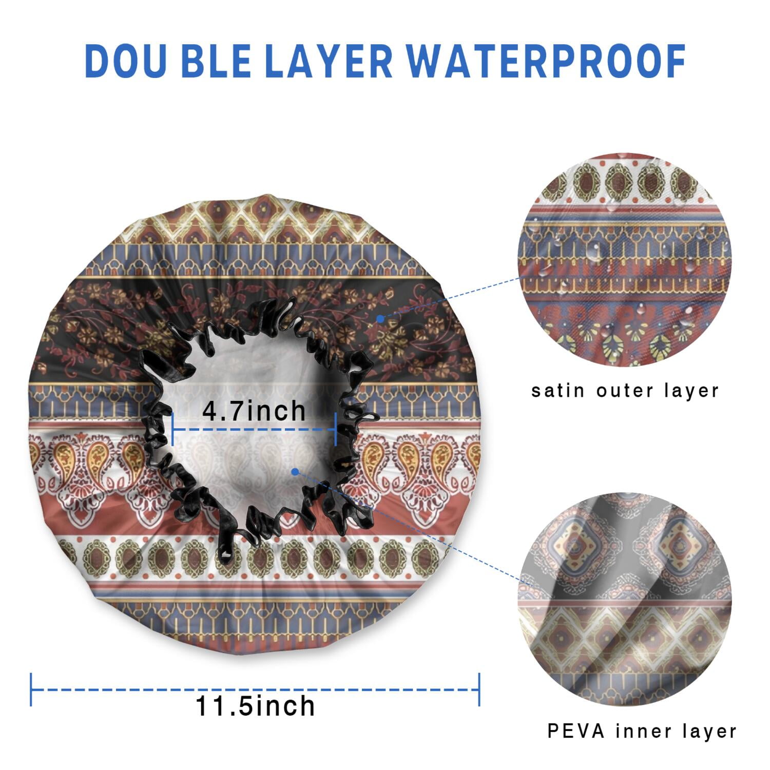 Shower Caps,Black Boho Oriental Flowers and Paisleys Pattern Waterproof Shower Cap for Women 4 Pieces,Double Reusable Hair Cover for Shower PEVA Elastic Stretch Hem