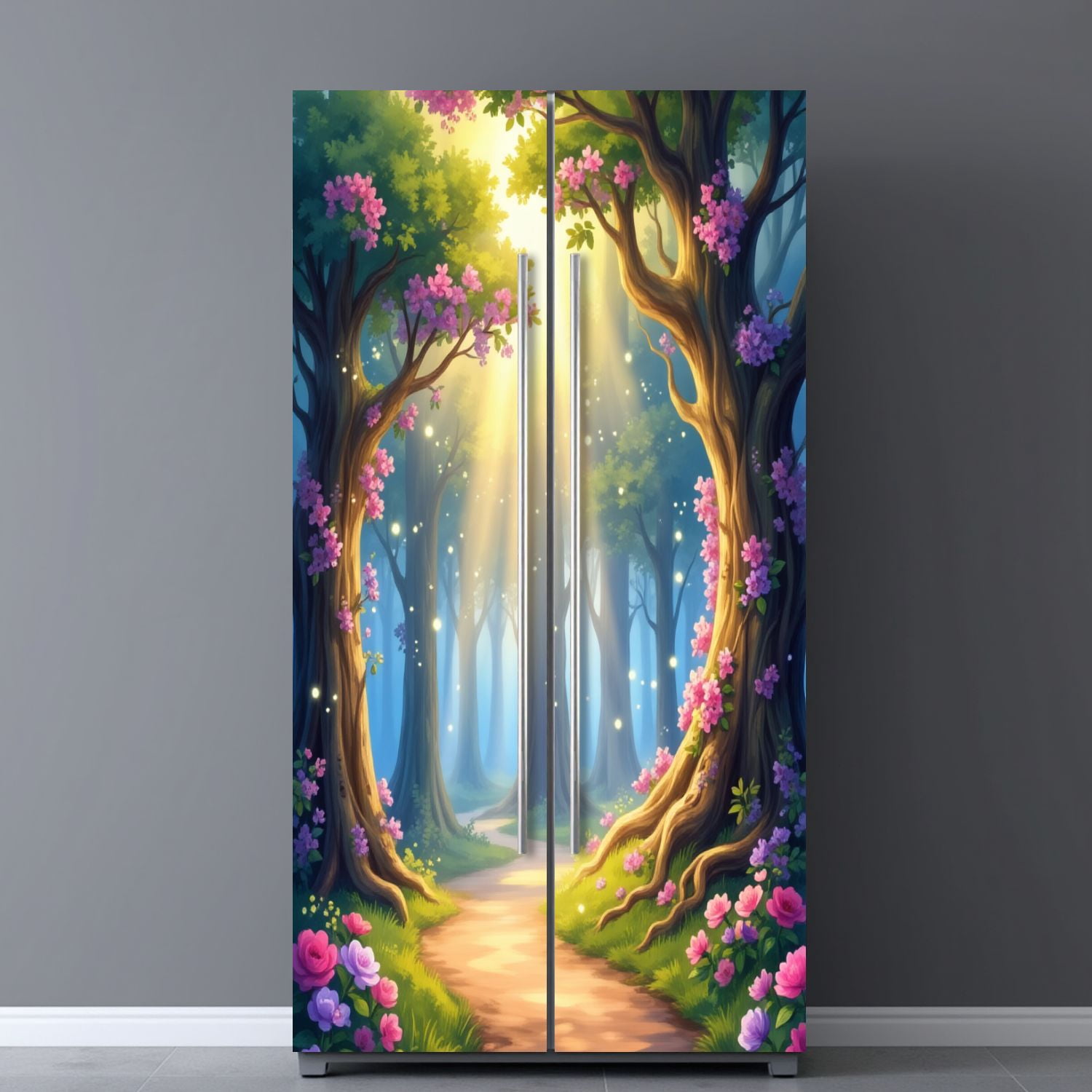 Self Adhesive Vinyl Refrigerator Wrap Set Magical Forest Pathway Sunlight Flowers Door Mural Removable Fridge Sticker Peel and Stick&nbsp;Full Door Cover Decal Kitchen Bar Decor