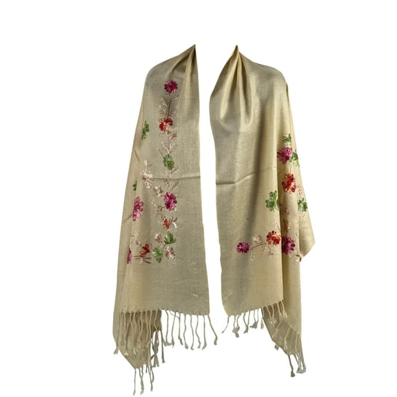 Women's Camel Floral Embroidered Scarf with Tassel Fringe - Elegant Soft Pashmina Wrap
