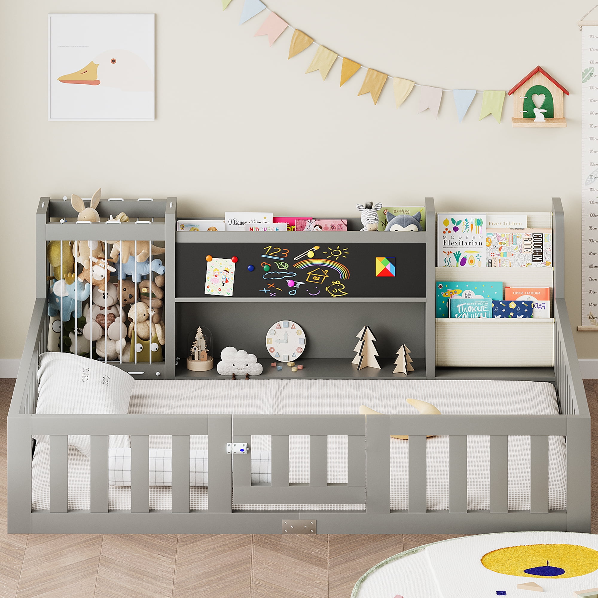 Advwin Full Floor Bed with  Gate, Safety Rails, Blackboard, Bookshelf & Toy Storage, Sturdy Wooden Platform Bed Frame, Gray