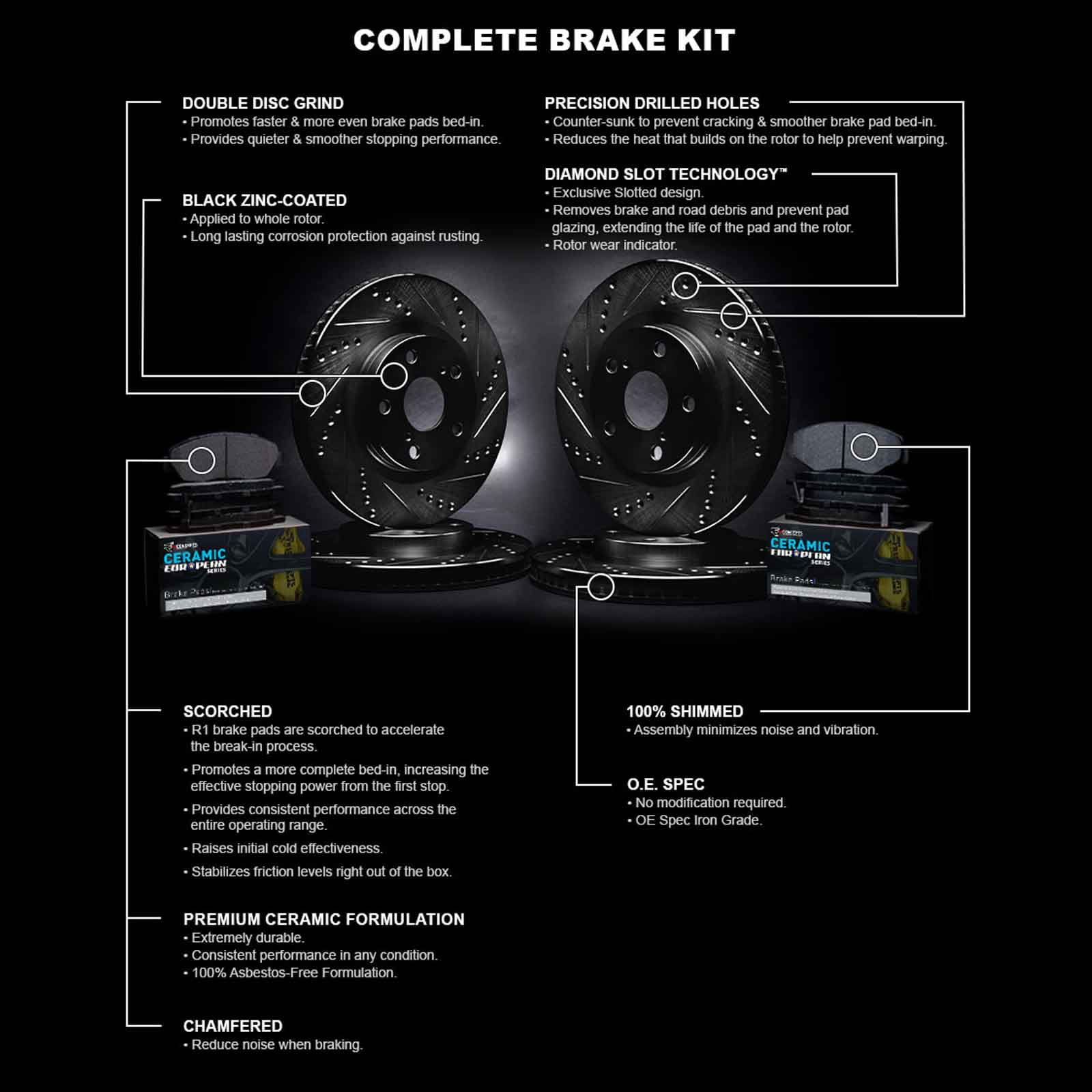 R1 Concepts Front Rear Brakes and Rotors Kit |Front Rear Brake pads| Brake Rotors and Pads| Euro Ceramic Brake Pads and Rotors WHTN2-73006