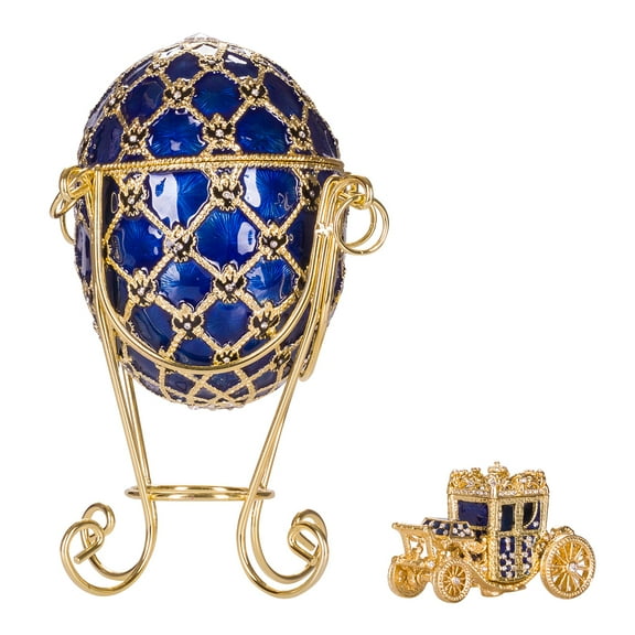 danila-souvenirs Faberge style Imperial Coronation Egg / Trinket Jewel Box with carriage 7.6'' (19 cm) blue