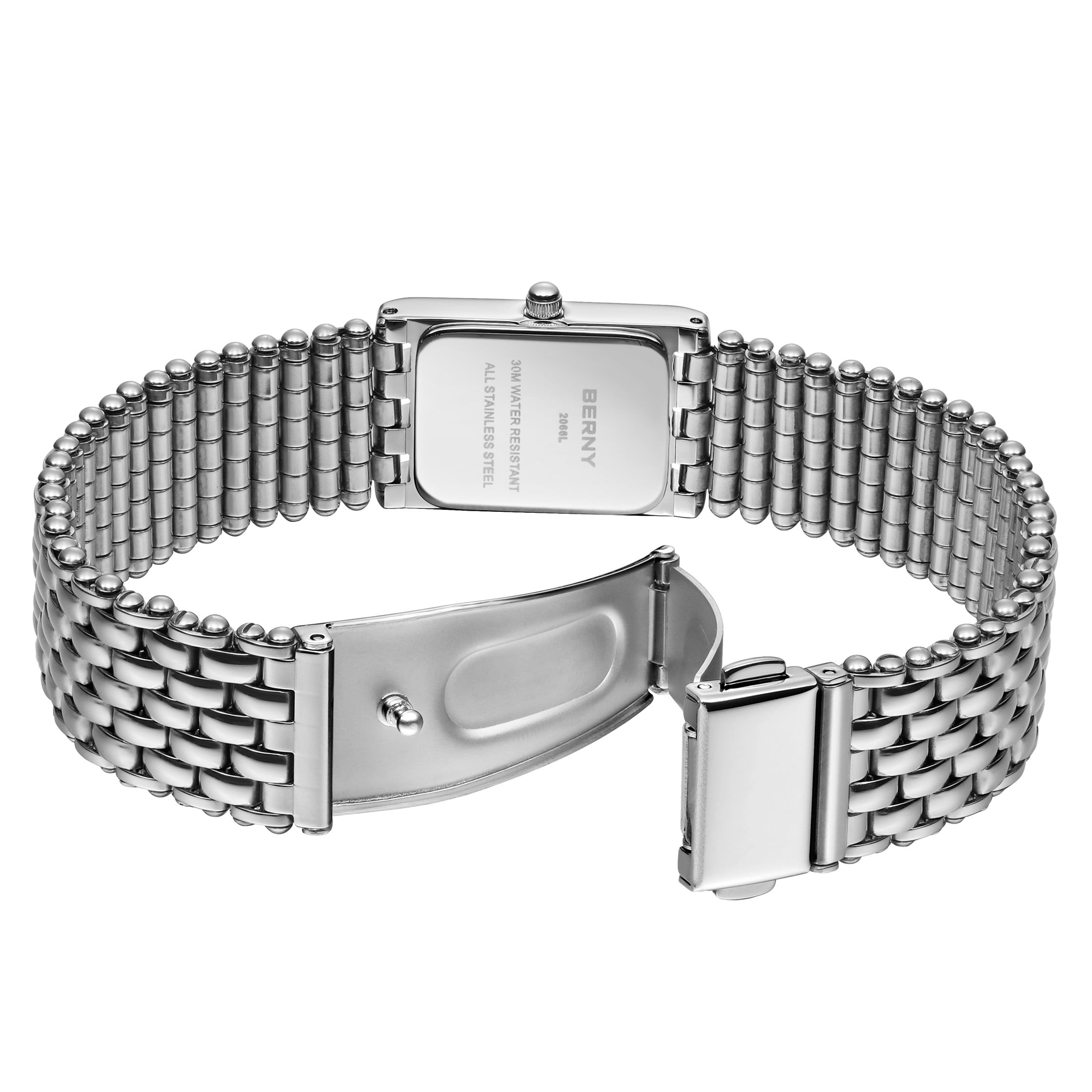 BERNY Small Silver Watches for Women, Dainty Rectangular Women Watch with Stainless Steel Bracelet Band, Japanese Quartz Movement, 3ATM Waterproof, Classic Dress Ladies Wristwatch (Silver)