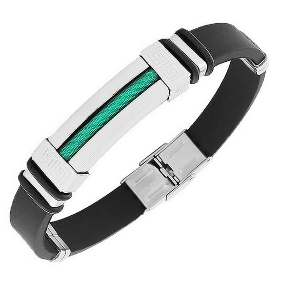 Stainless Steel Black Rubber Silicone Silver-Tone Green Greek Key Mens  Bracelet