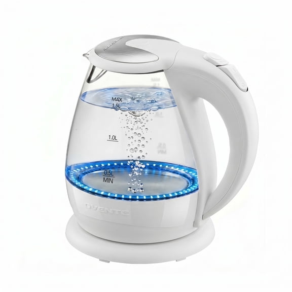 OVENTE 1.5L Glass Electric Kettle Water Boiler, White KG845W | 1100W Fast Boiling, Borosilicate Glass, BPA-Free, Blue LED, Auto Shut-Off, Boil-Dry Protection, Removable Filter