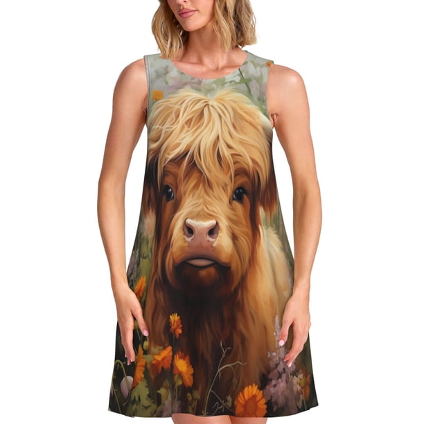 Fotbe Cute Floral Cow Vestido de Verano sin Mangas para Mujer – Vestido Midi Línea A, Estilo Camiseta Floral, Vestido Playero Casual y Fluido