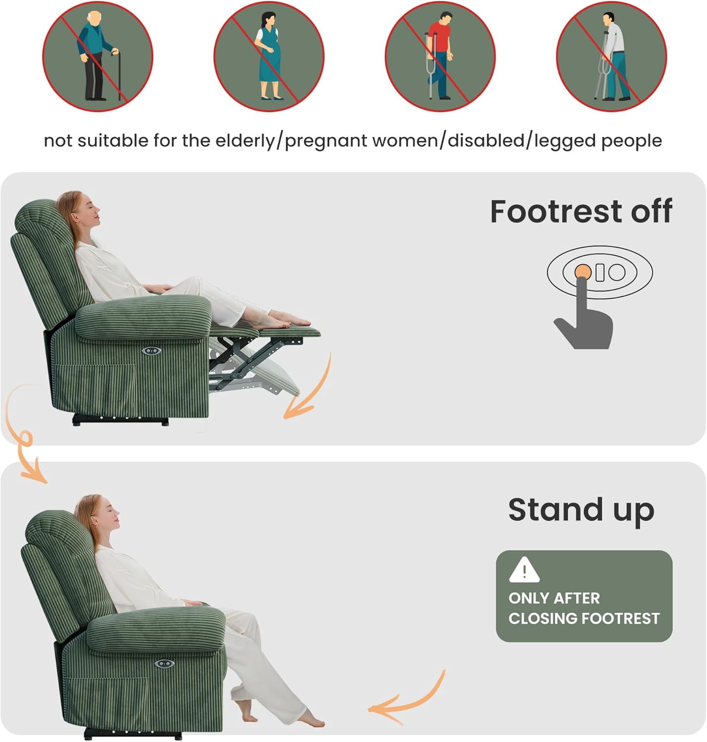 Neche Electric Recliner Chair, Comfy Lay Flat Sofa for Small Spaces, Living Room, One Box, Green