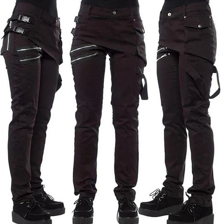 HRSR Women Gothic Pants Zipper Pockets Rivet Steampunk Trousers Rock Style  Pants(Black,M) 