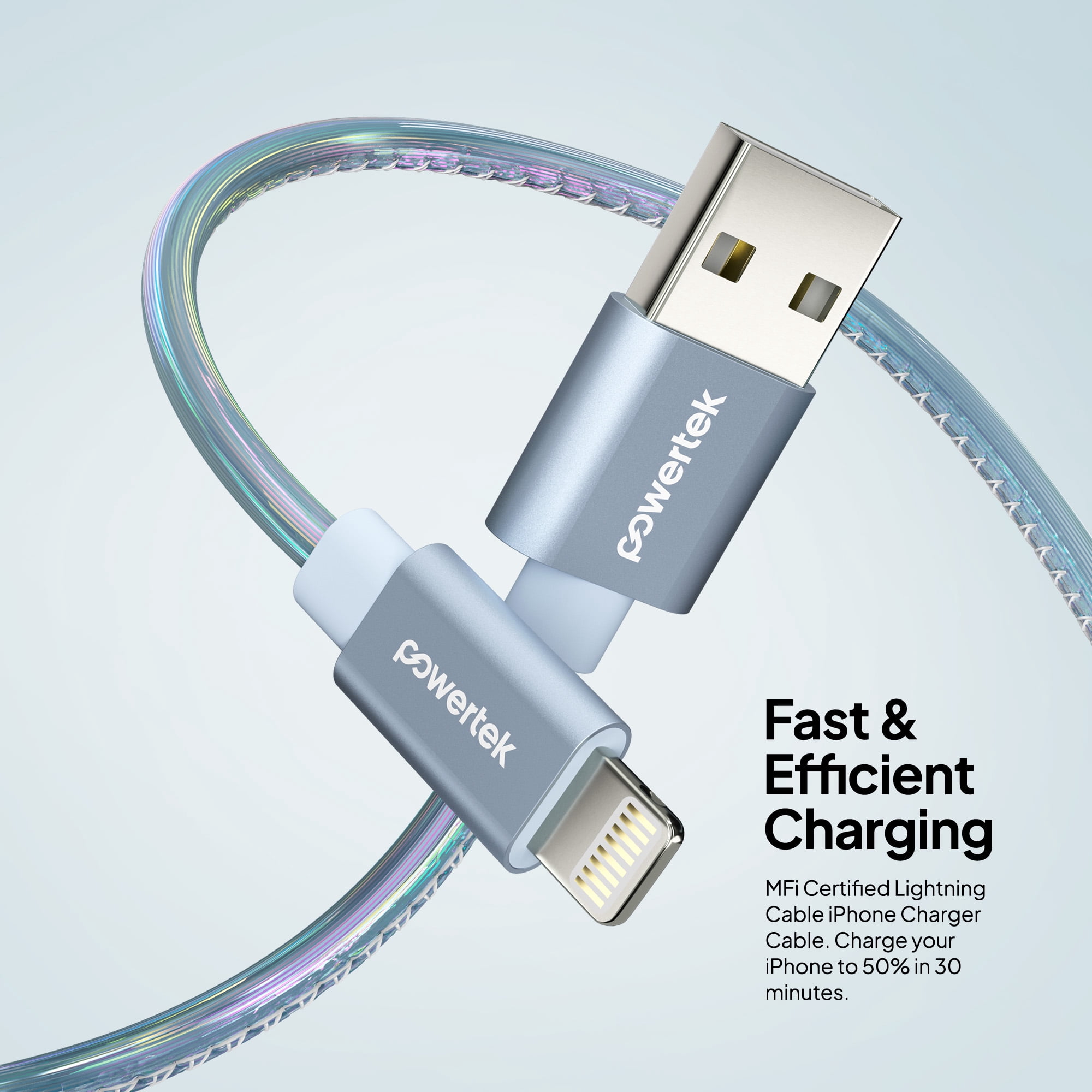 Powertek MFi Certified USB-A to Lightning Metallic Shine Pastel Charging Cable, 6 ft, Blue