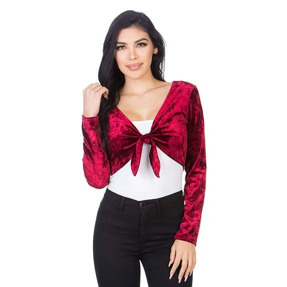Fashion Secrets Women`s Collarless Open Front Velvet Bolero Shrug Cardigan Cropped Jacket (XXX Large, Front Tie Burgundy Red)