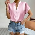 thumbnail image 2 of RYRJJ Silk Button Down Shirts for Women Satin Short Sleeve V Neck Casual Work Office Blouse Tunic Tops Summer Fashion Clothes(Pink,M), 2 of 8