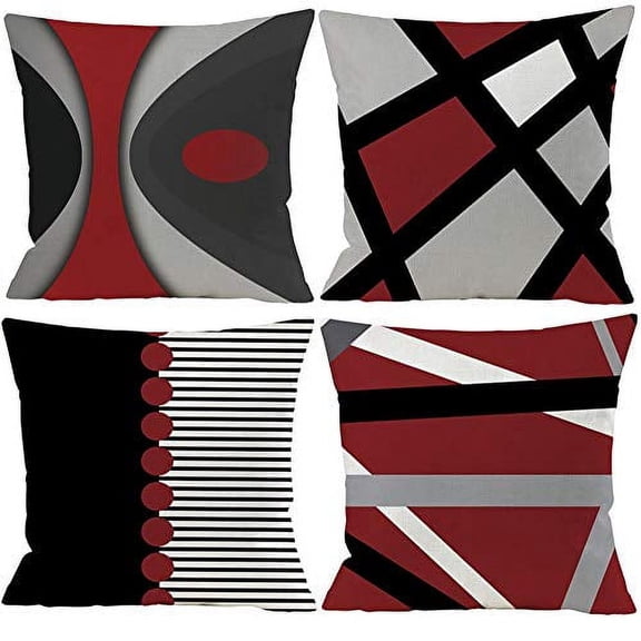 Guhoo Set of 4 Abstract Red Stripes Gray Black White Throw Pillow Covers Modern Decorative Pillow Cases Home Decor Square 18x18 Inches Pillowcases