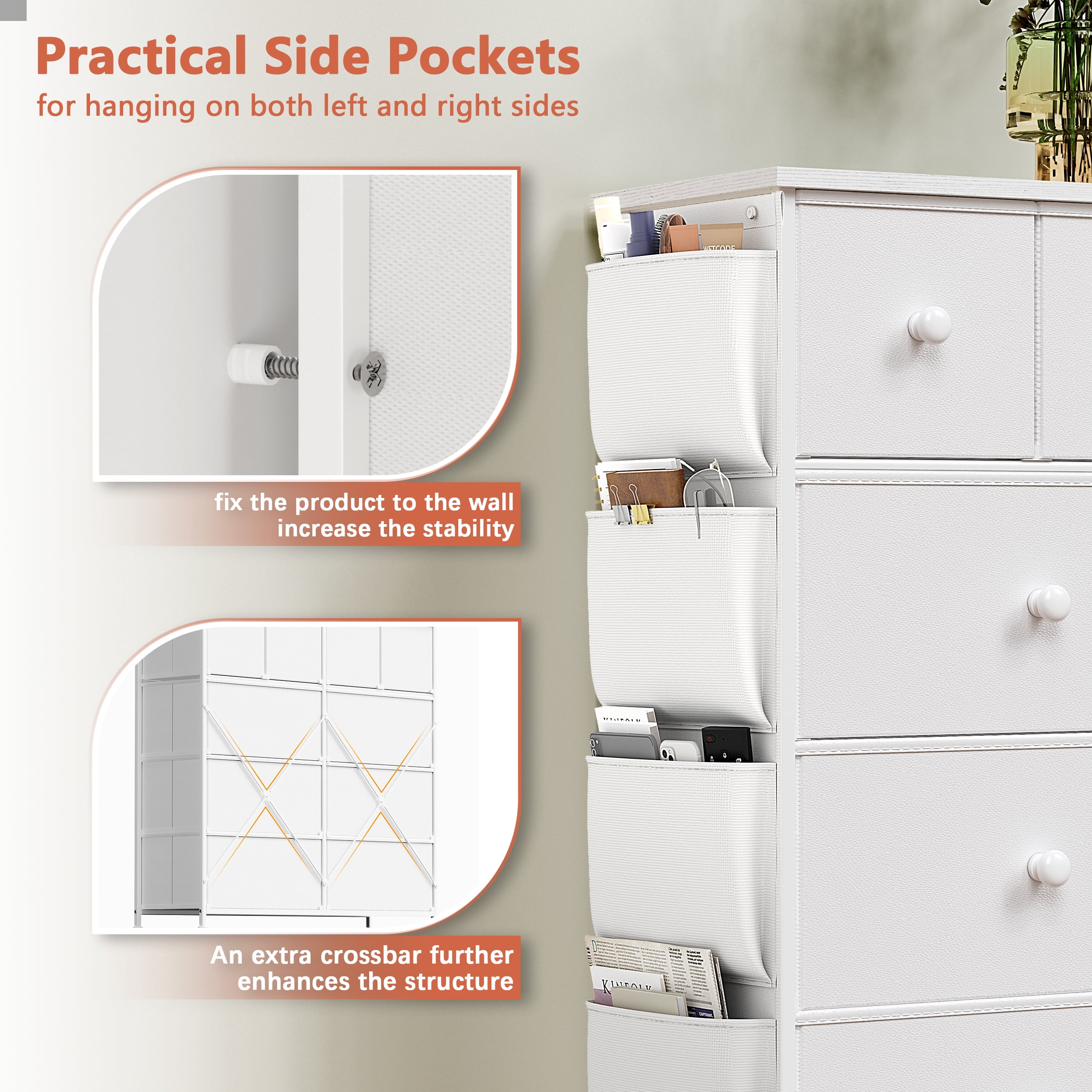 KOUSEI 10 Drawer Dresser,Fabric Dressers for Bedroom,Chest of Drawers with 4 Side Pockets,Storage Drawers,White