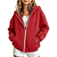 thumbnail image 2 of LOINRODI Girls Zip Up Hoodie Jacket Oversized Pocket Solid Color Long Sleeve Casual Kids Outerwear Red 14-15 Years, 2 of 9