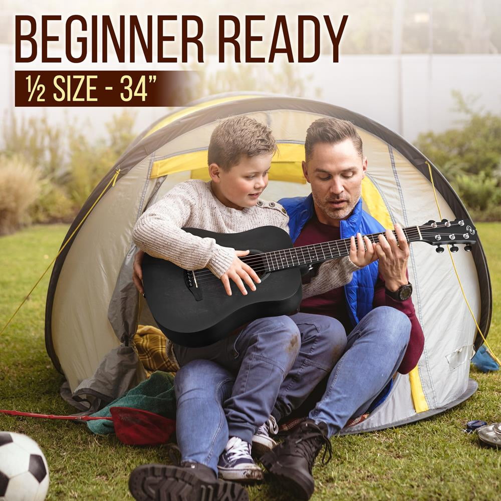 Pyle Acoustic Guitar Kit 1/2 Junior Size Steel String Instrument for Kids & Adults, 34” Black