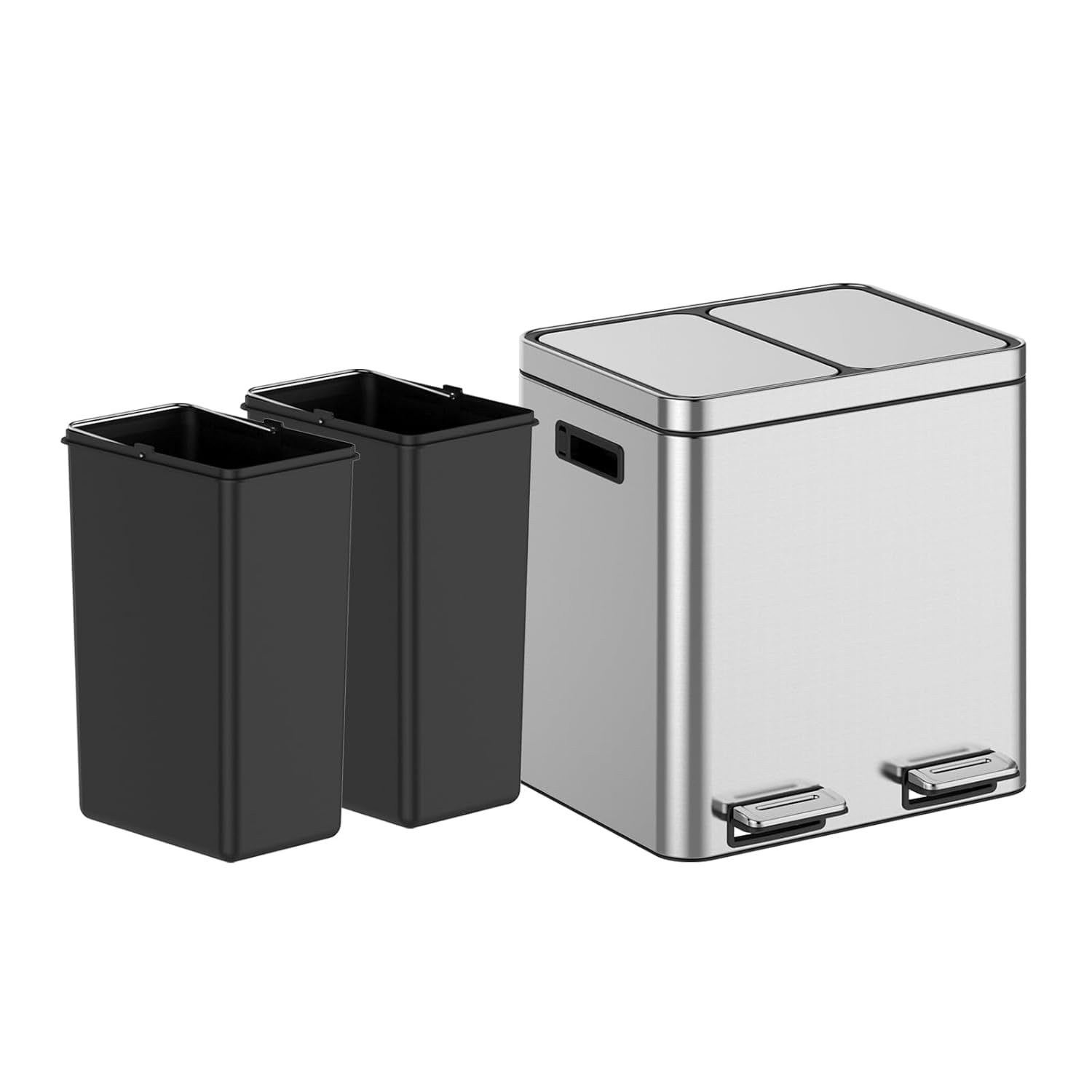 GOGRANT Kitchen Trash Can, 2 x 4 Gal Garbage Can, Stainless Steel Waste Bins for Recycling and Trash, 2 Compartments with Removable Inner Buckets, Step On Pedal, Quite-Close Lid, Silver