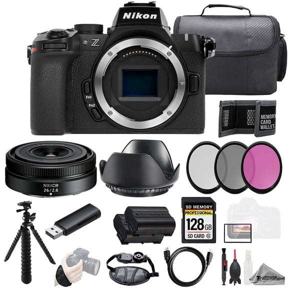 Nikon Z50 II   Z 26mm f/2.8 Lens 128GB   Ext Bat  3 PC Filter- Kit (International Version)