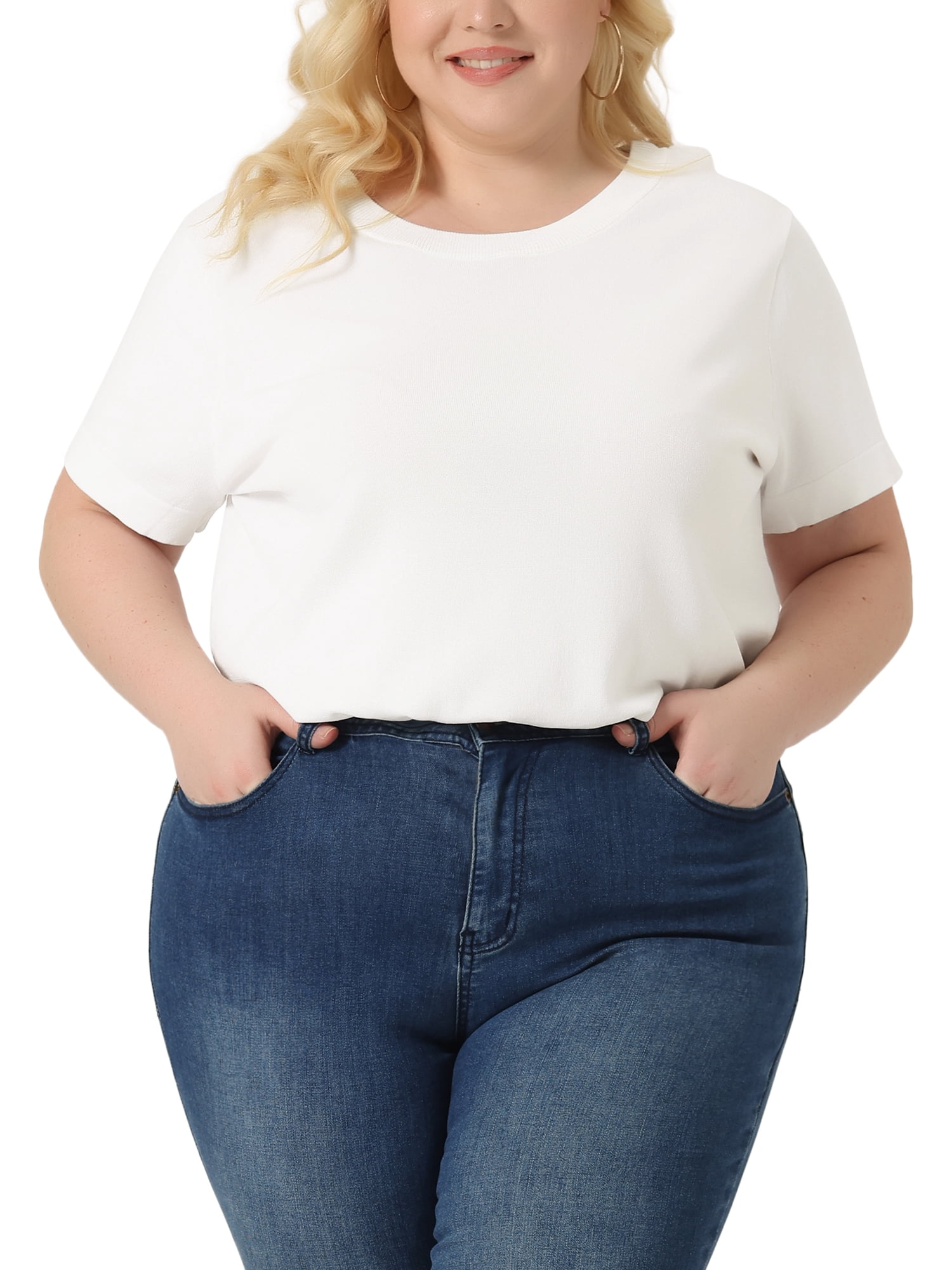 Unique Bargains Women Plus Size Tops Basic Round Neck Short Sleeve Knit Tee Blouses 1X White