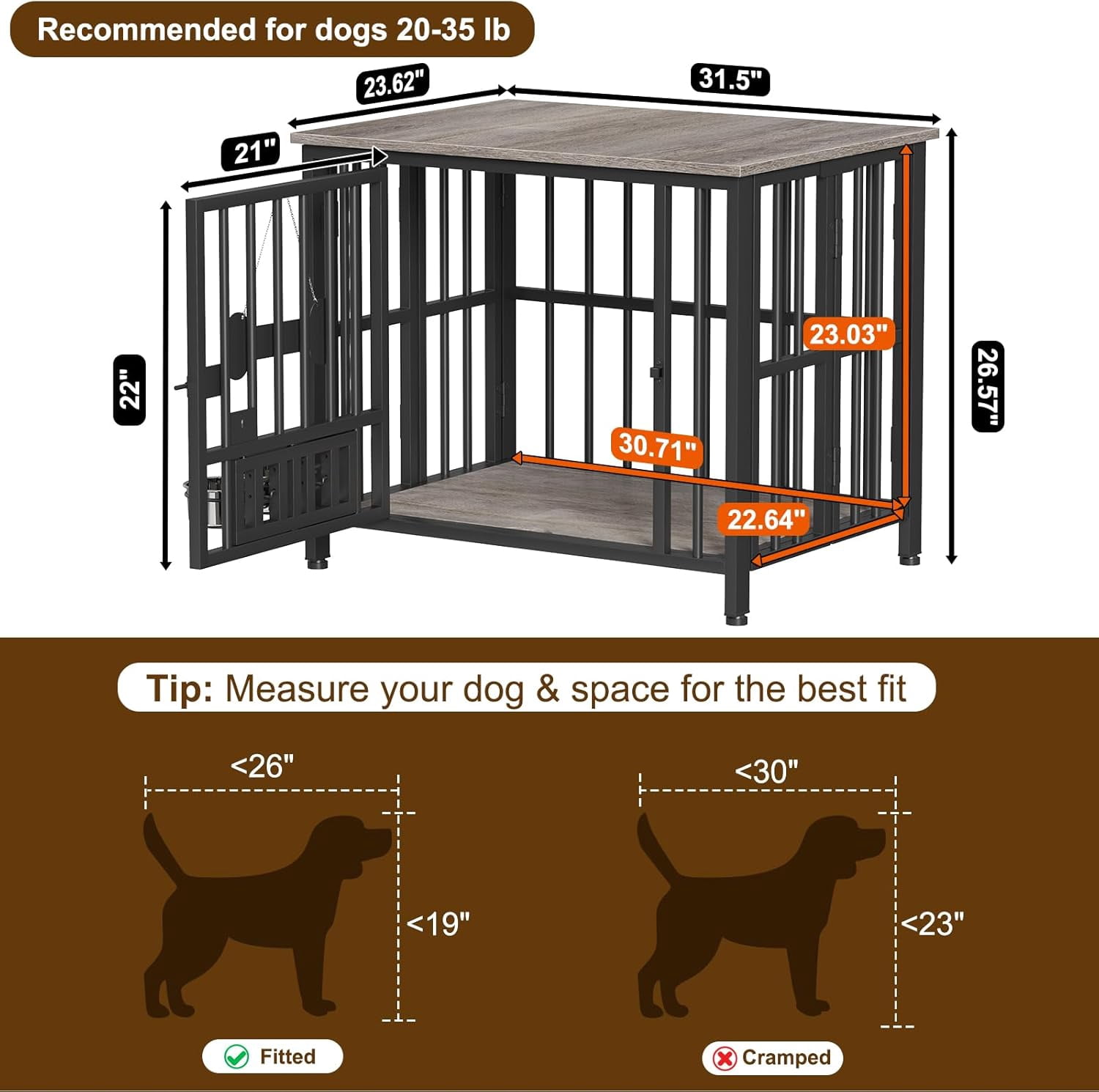 POAO 31"Dog Crate Furniture Foldable, No Assembly Dog Kennel Indoor for Medium Dogs(20-35 lb), Dog Cage with Adjustable Bowls &Name Tag, End Table