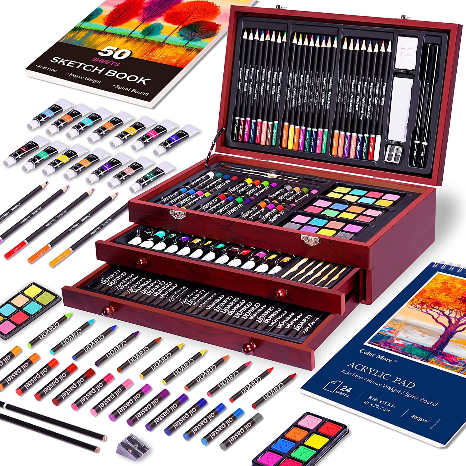 COOL BANK 175 Piece Deluxe Art Supplies, Art Set with 2 A4 Drawing Pads, 24  Acrylic Paints, Crayons, Colored Pencils, Art Kit for Adults Artist