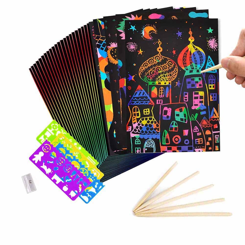 Rainbow Scratch Paper,6 Scratch Art Masks,5 Wooden Stylus,4 Drawing Rulers,2 Name Sticker,1 Brush,1 Pencil Sharpener,Travel Activity or Xmas Gift for Girls or Boys 16K Scratch Art Set for Kids-50 