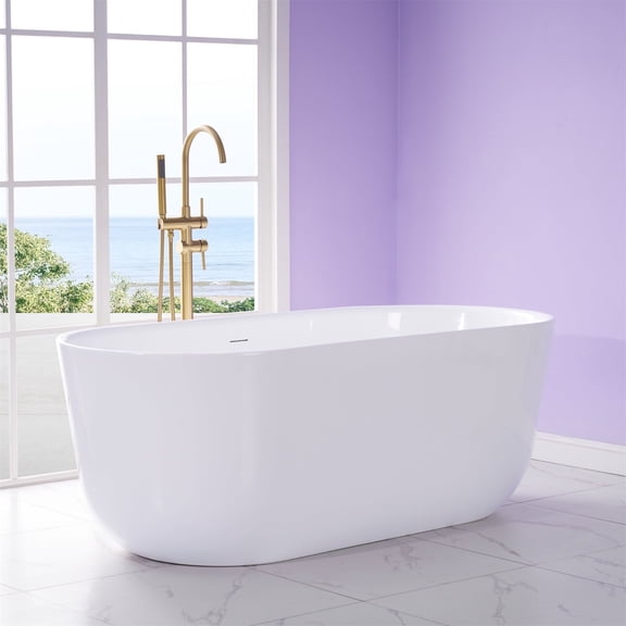 ANGELES HOME 67" Acrylic Freestanding Bathtub, Soaking White Bathtub with White Drain and Integrated Slotted Overflow Included, 92 Gallons, Glossy White