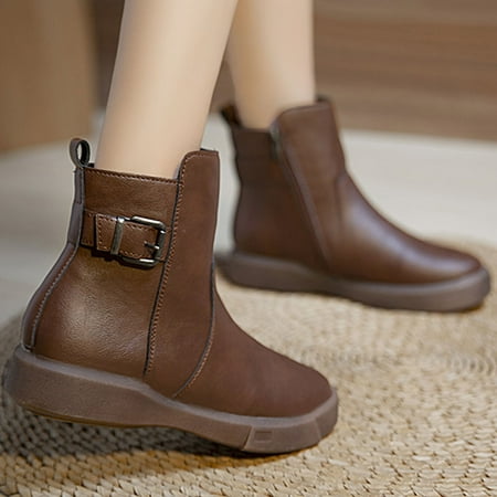 

Juebong Christmas Deals Women s Shoes Pointed Toe Solid Color Warm Zipper Casual Retro Low Heel Splicing Fashion Belt Buckle Ankle Boots 5.5 Brown